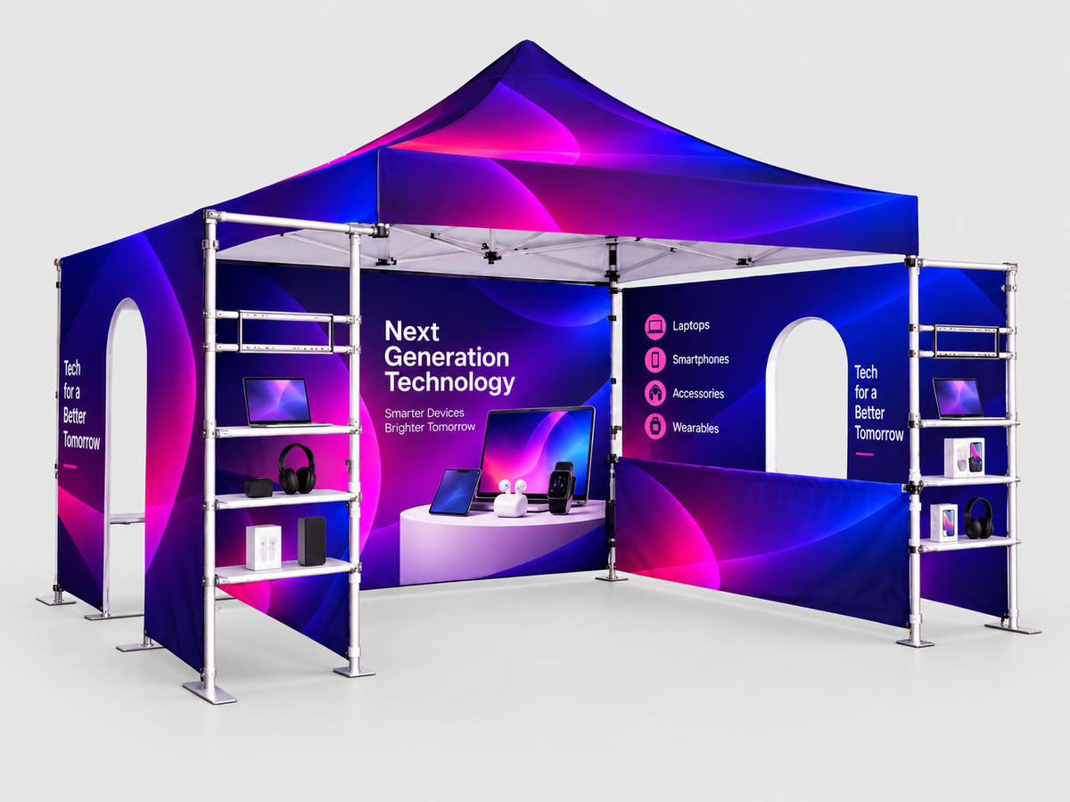 3m x 3m Fabric Canopy Kit A6 with Dual Arch Doorways & Quad Display Shelving