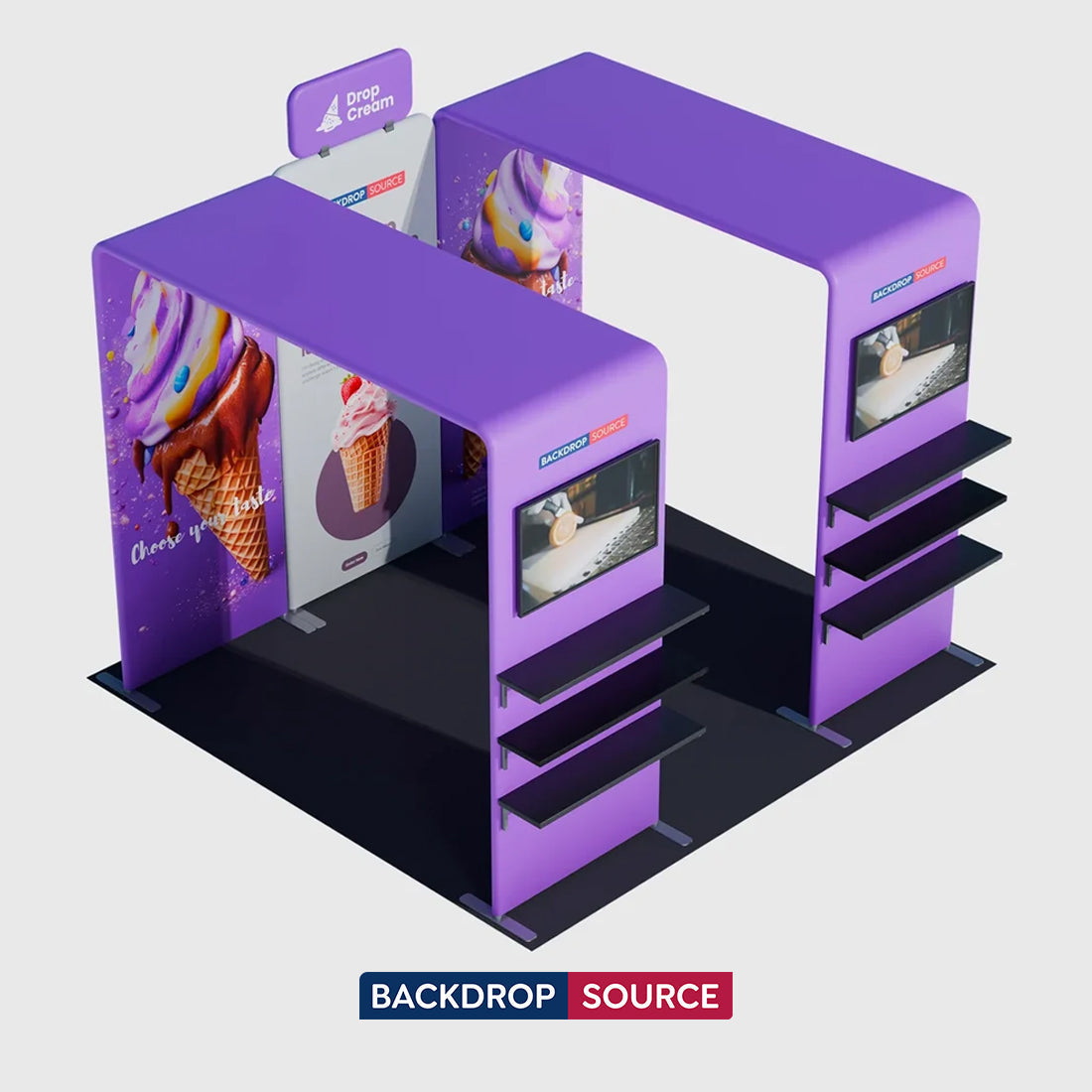 3x3m Booth Kit with Twin Square Arches, Shelving & TV Mount