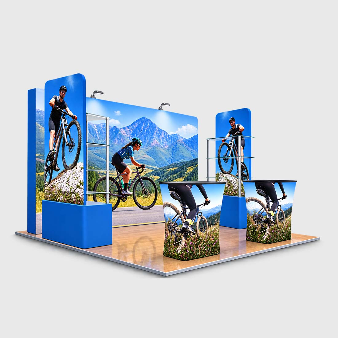 3x3m 3D Media Wall Booth Kit with Acrylic Shelves & 4 Counters