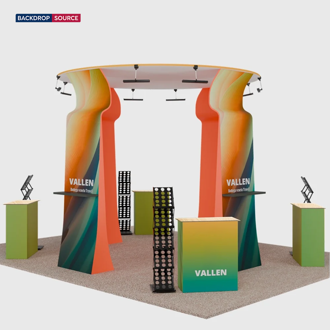 6x6m Island Booth with Round Overhead Ring & Shelf Towers