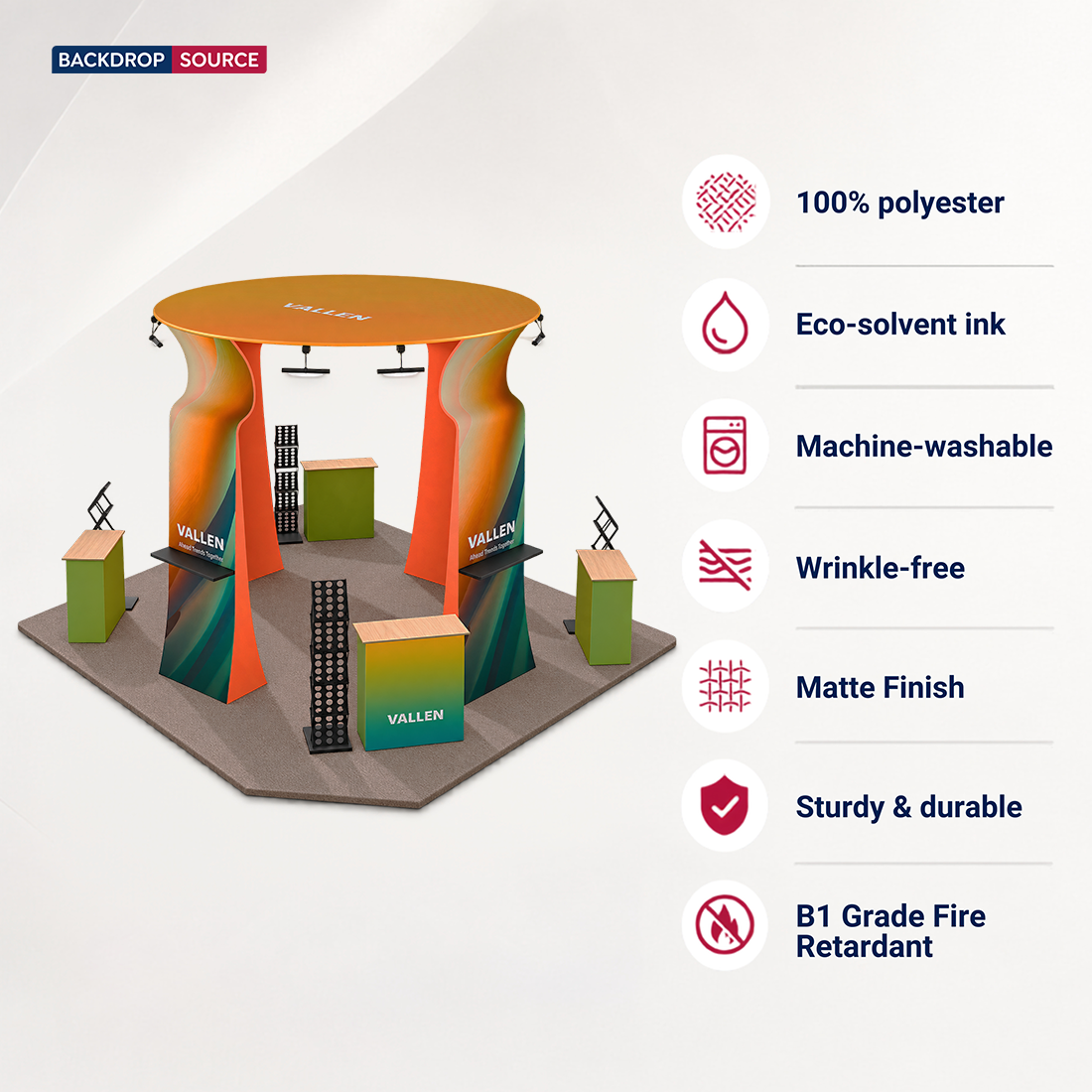6x6m Island Booth with Round Overhead Ring & Shelf Towers