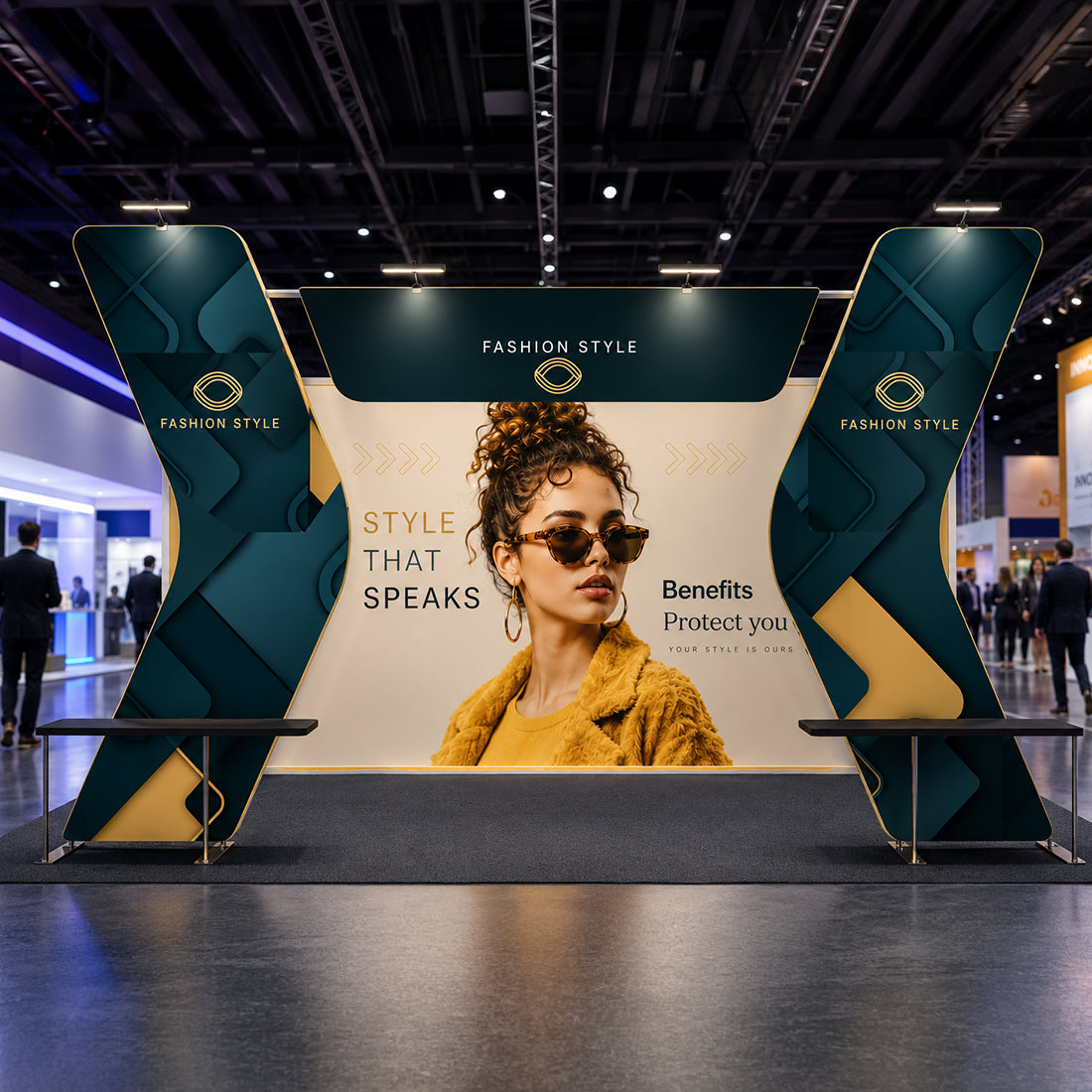 6x3m Booth Kit with 6m Backwall, V-Shape Shelving & Sign