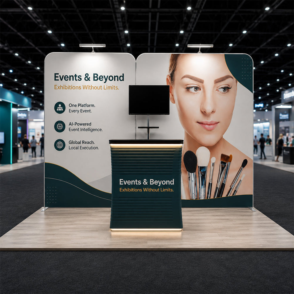 3x3m Straight Wall Booth Kit with Counter & TV Mount