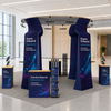 6x6m Island Booth with Round Overhead Ring & Shelf Towers