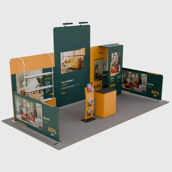 6x3m Booth Kit with Tension Walls, Shelving, Counter & iPad Stand