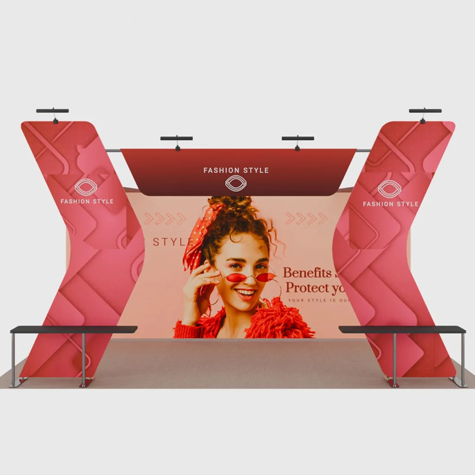 6x3m Booth Kit with 6m Backwall, V-Shape Shelving & Sign