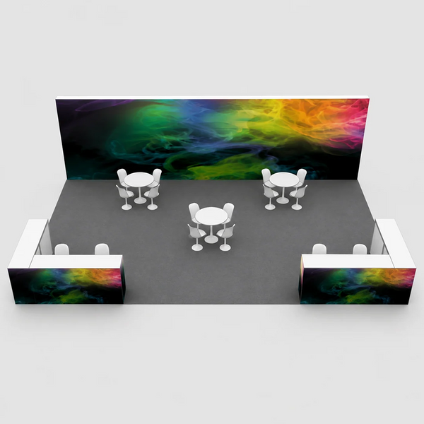 9x6m SEG Booth Kit with Full-Width Media Wall & 4 Counters