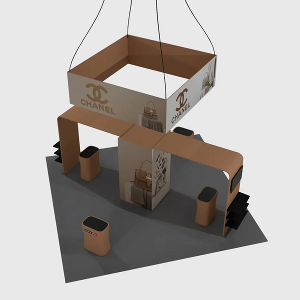 6x6m Gallery Booth with Entry Arch Towers, TV Mounts & Counters