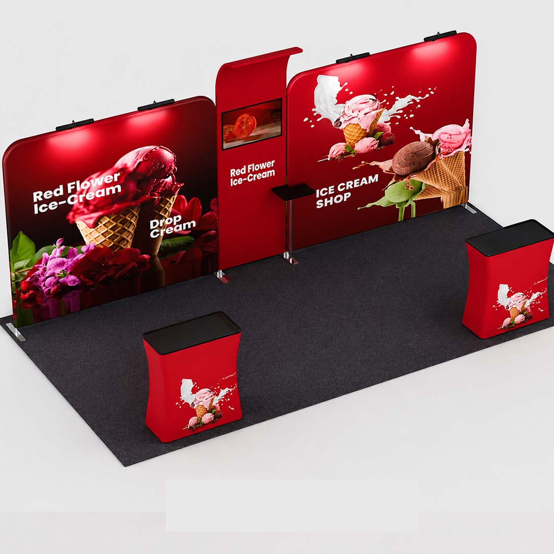 3x6m Booth Kit with 6m Backwall, Waterfall TV Shelves & Counters