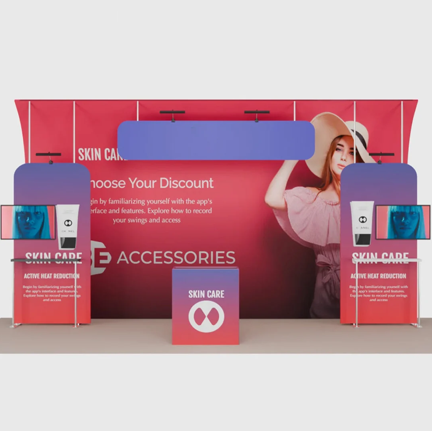 6x3m Booth Kit with Curved Towers, Shelving & Hanging Sign