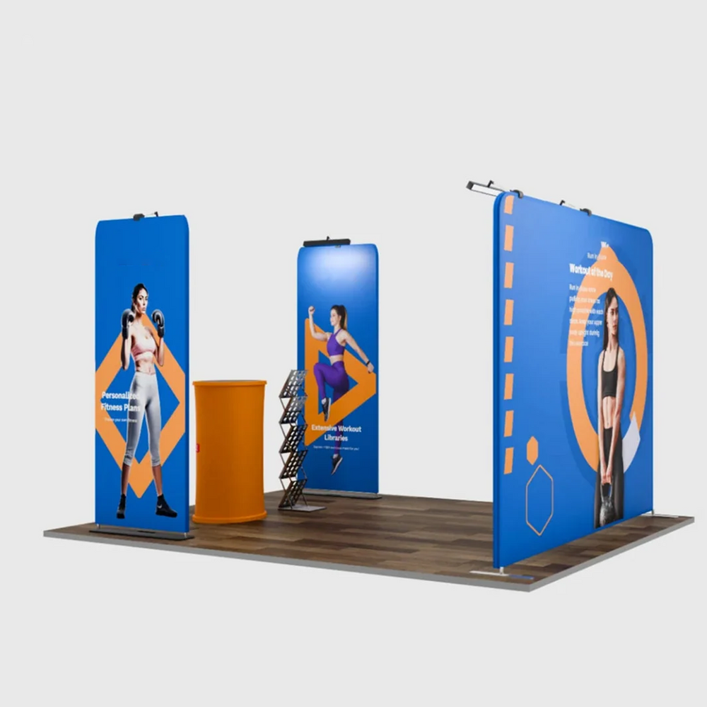 3x3m Booth Kit with Backwall, 2 Banners, TV Shelf & Oval Counter