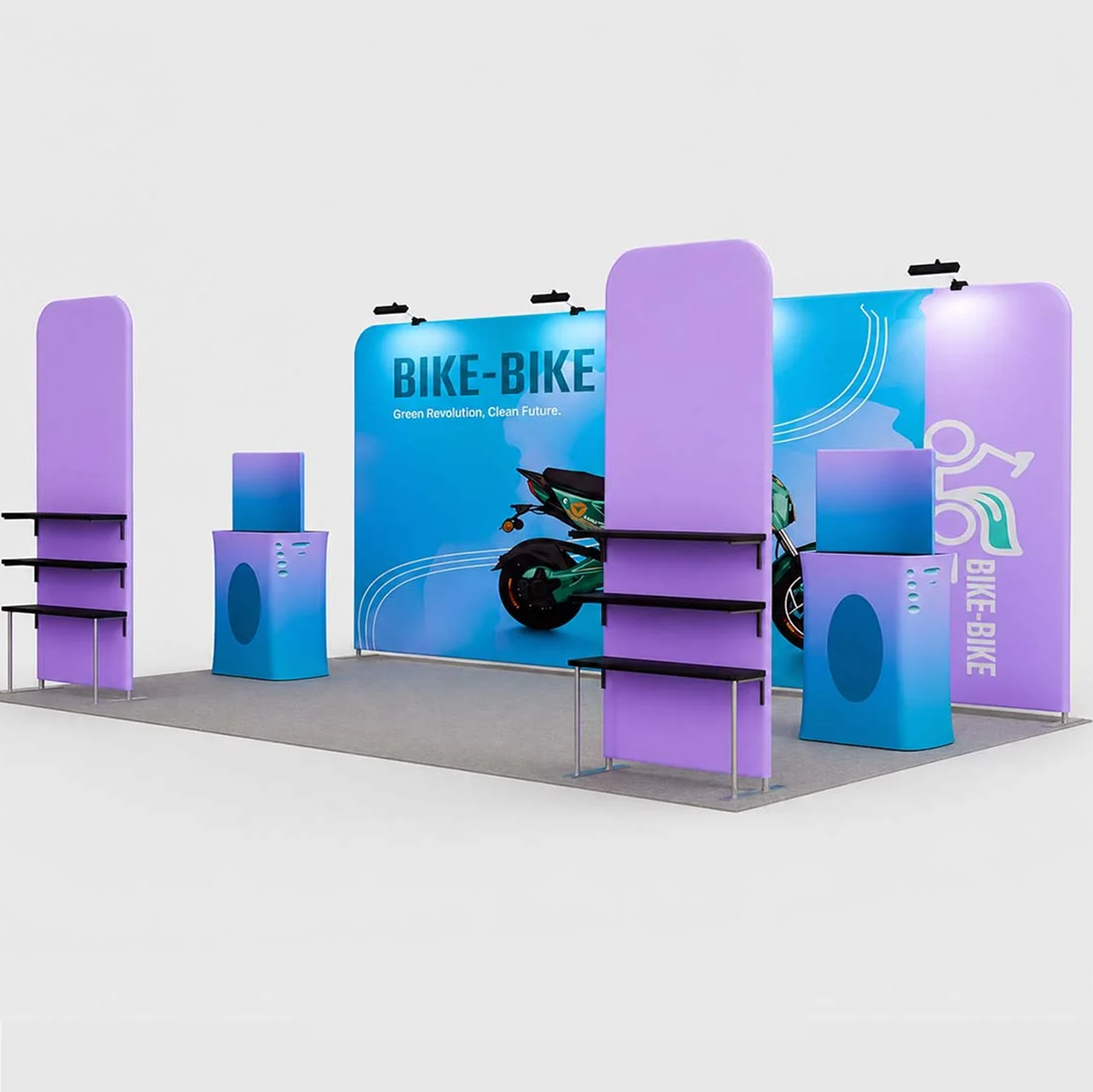3x6m Booth Kit with Tension Walls, Shelving & 2 Counters