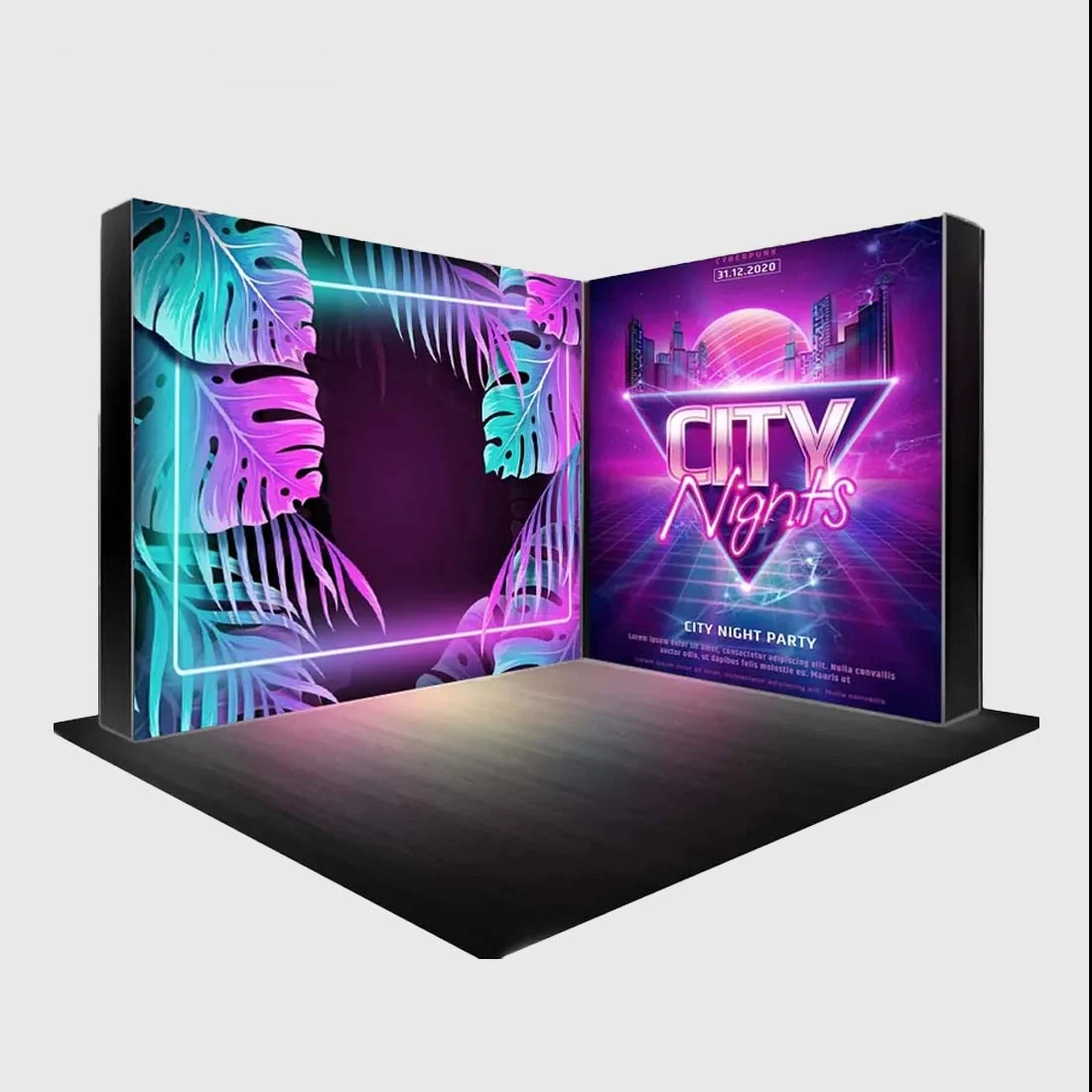 L-Shaped Illuminated Media Wall Set with Counters for 3x3m Booths