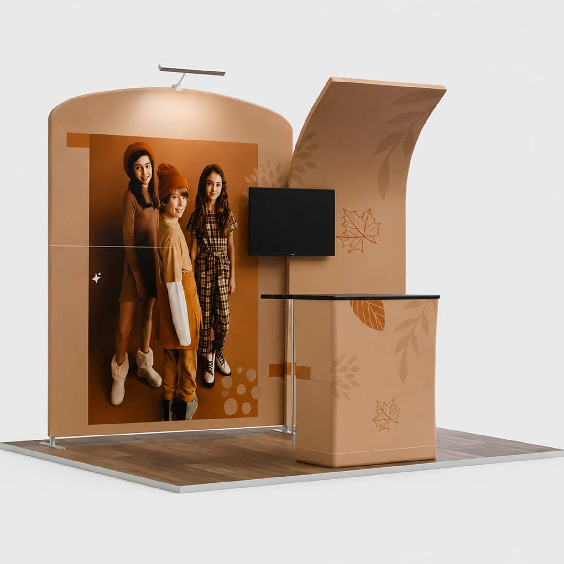 3x3m Booth Kit with Curved Wall & Sloped Arch, Counter & TV