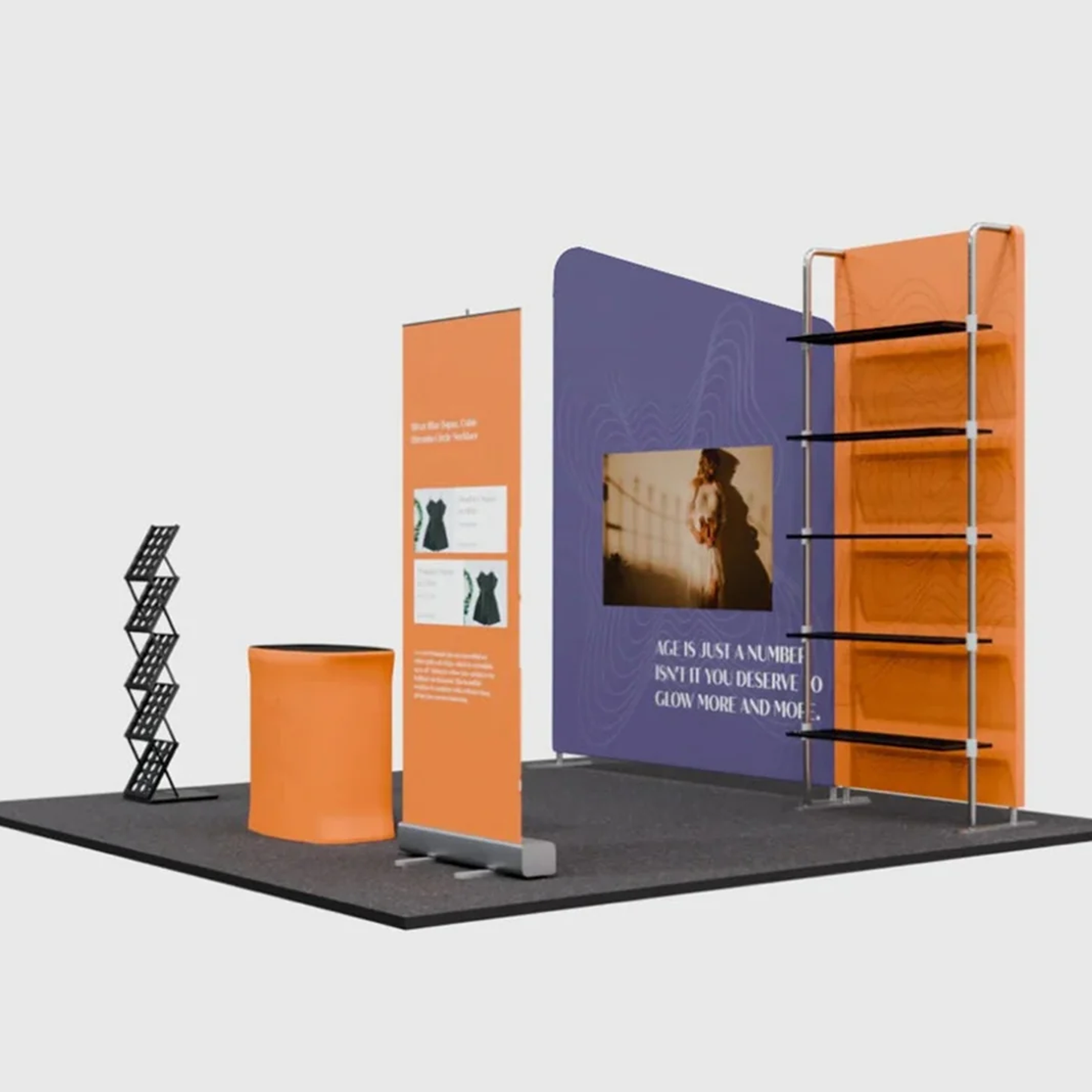 3x3m Booth Kit with Inclined Wall, Pegboard Shelving & Roll-Up