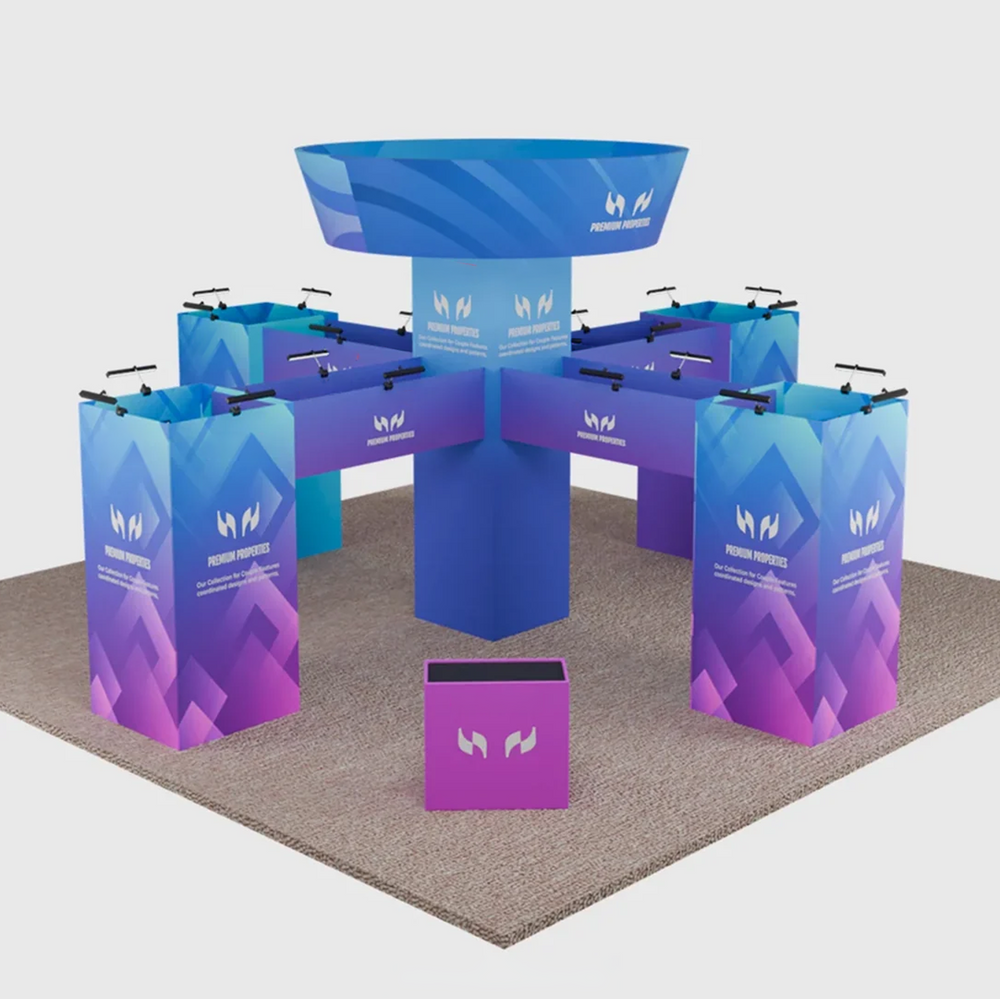 9x9m Cubic Tower Island Booth with Hanging Banner & Counters