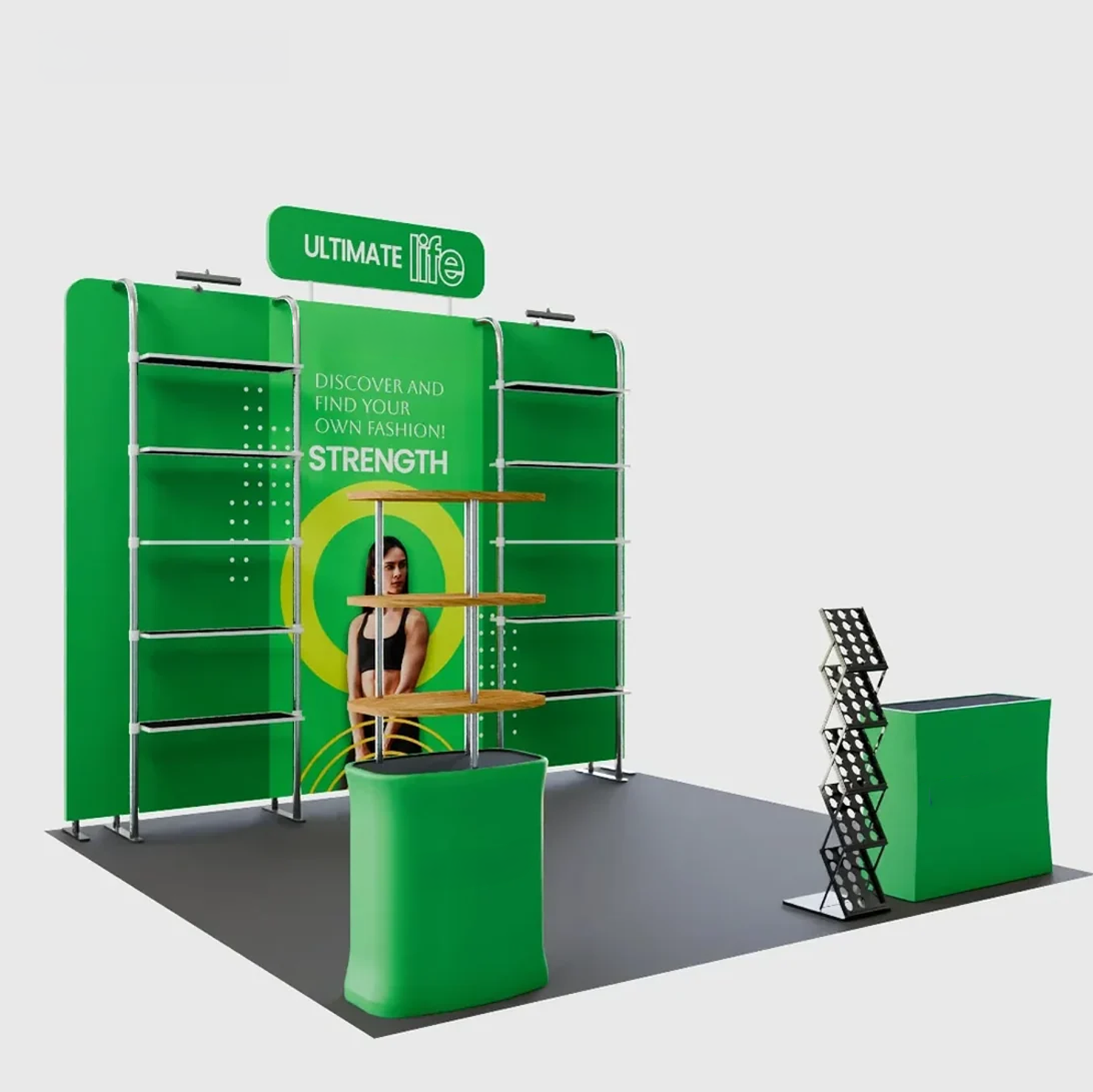 3x3m Booth Kit with Pegboard Shelving, Header & 2 Counters