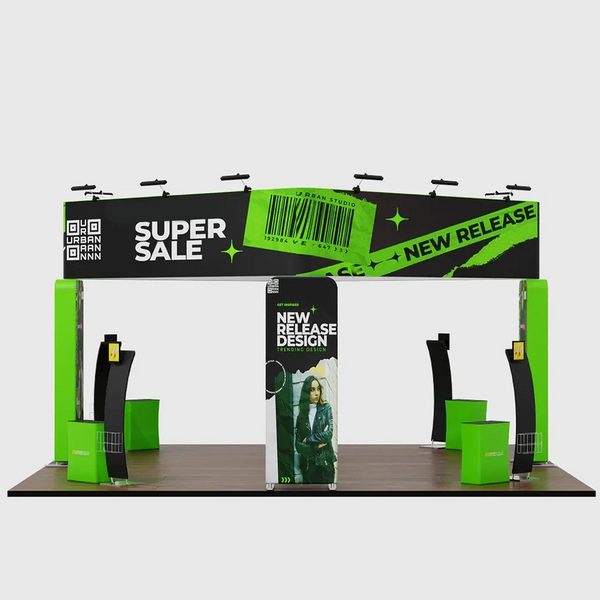 6x6m Island Booth with 3D Wall Boxes, 4 Counters & iPad Stands