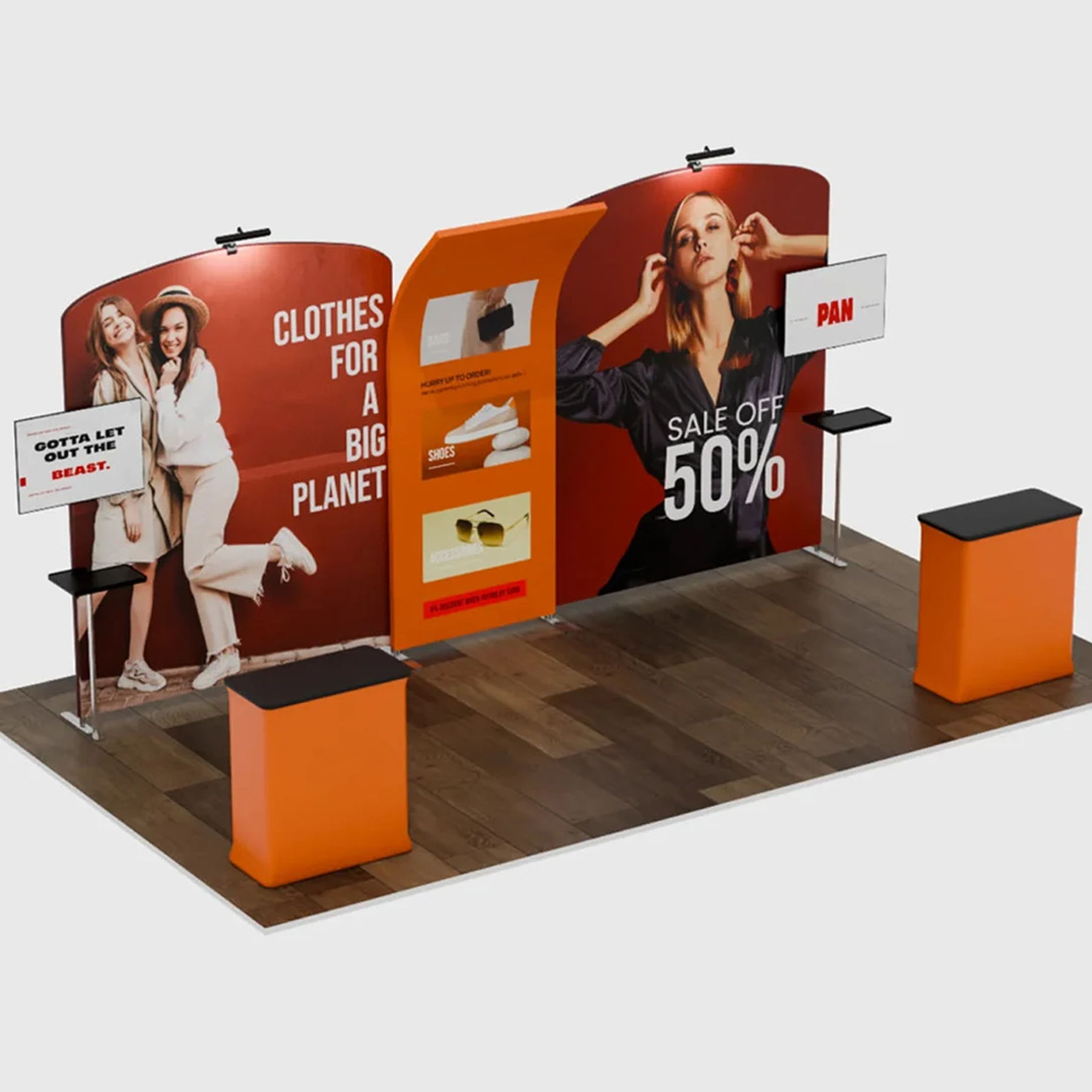 6x3m Booth Kit with Curved & Slanted Walls, 2 Counters & TVs