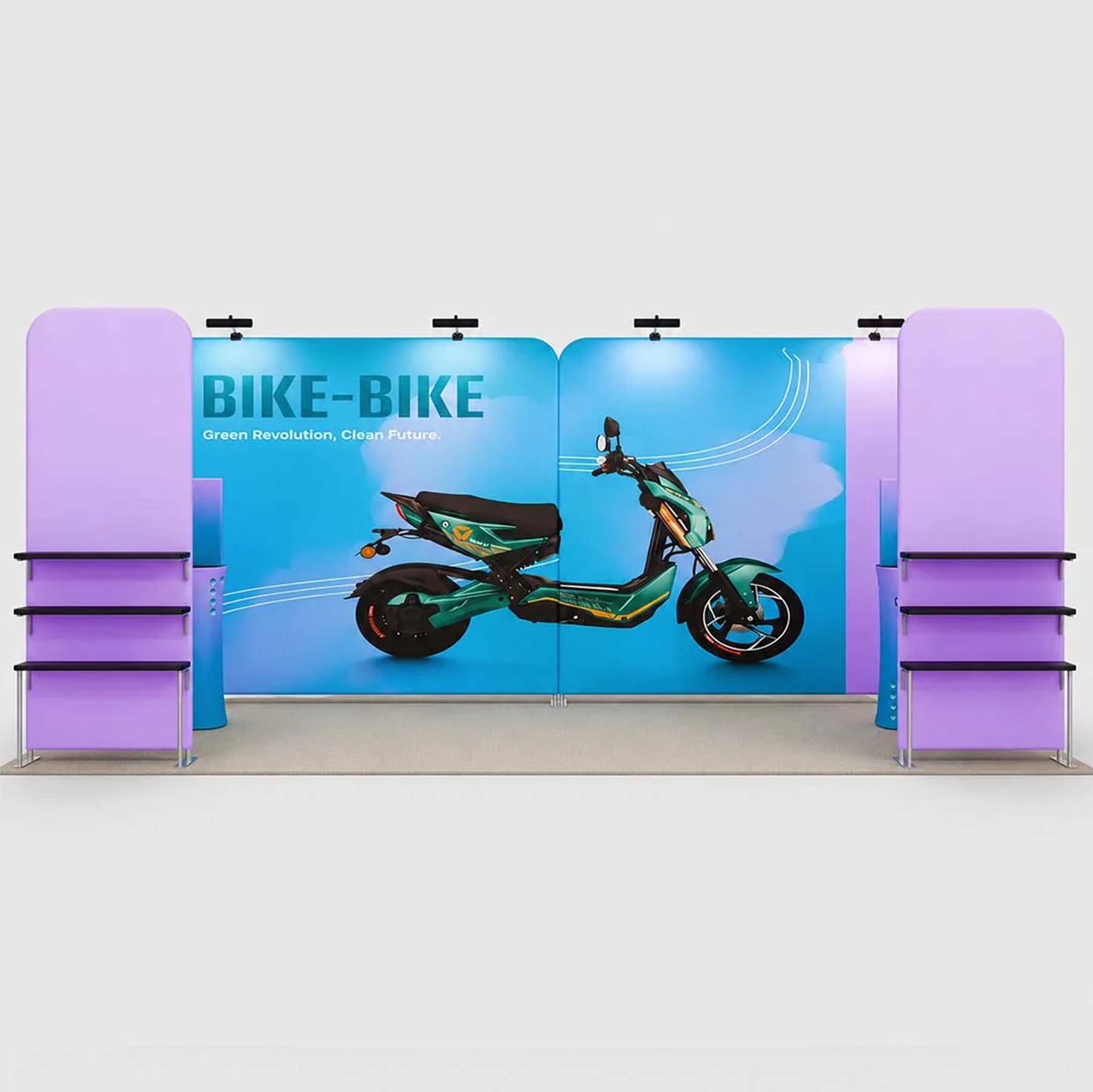3x6m Booth Kit with Tension Walls, Shelving & 2 Counters