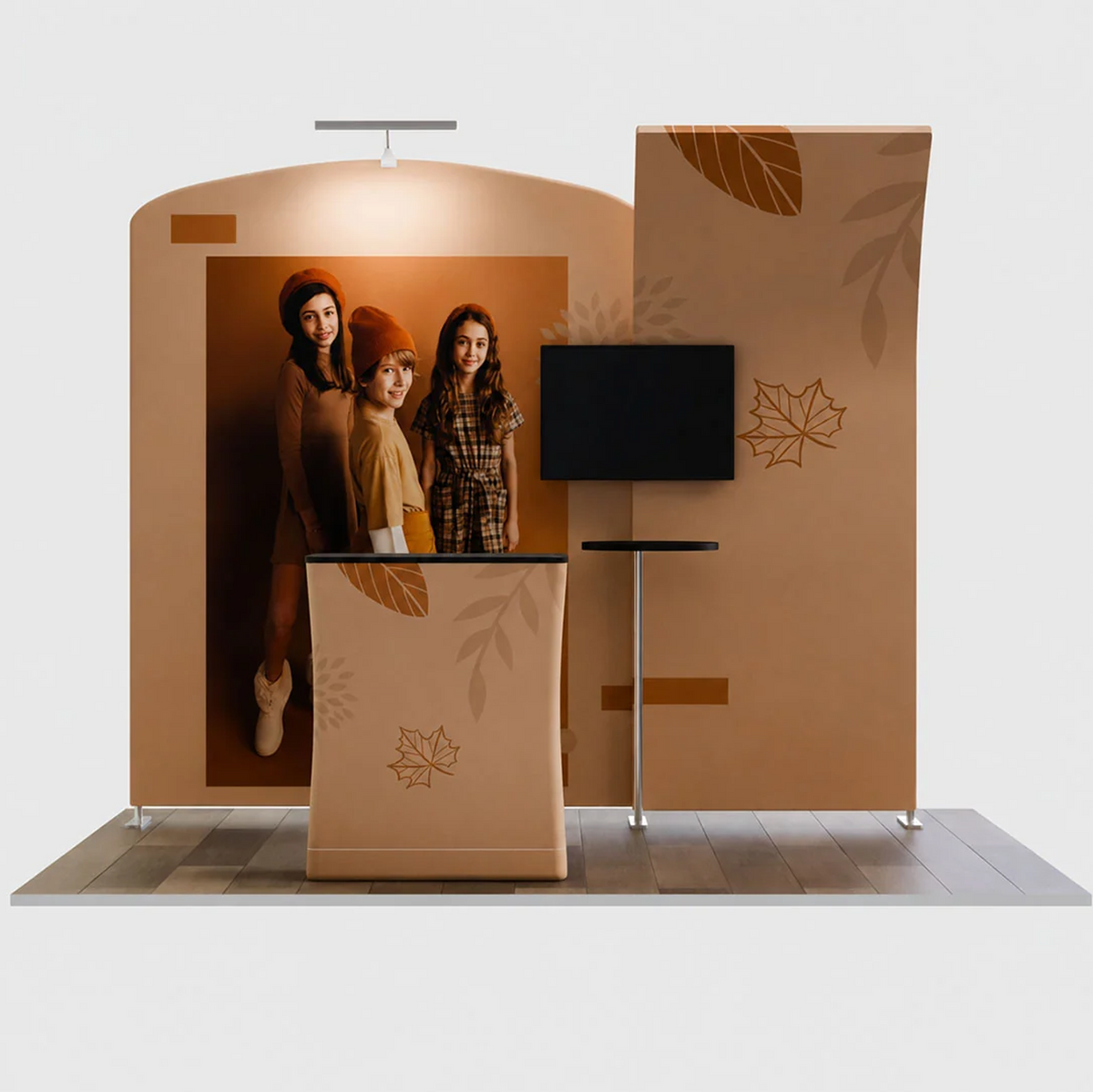 3x3m Booth Kit with Curved Wall & Sloped Arch, Counter & TV