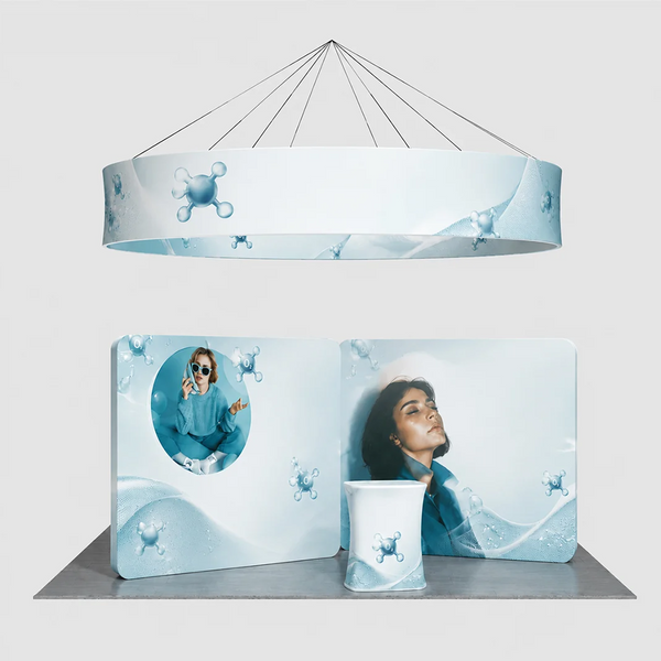 6x6m Island Booth with 3D Fabric Walls & Circular Hanging Sign