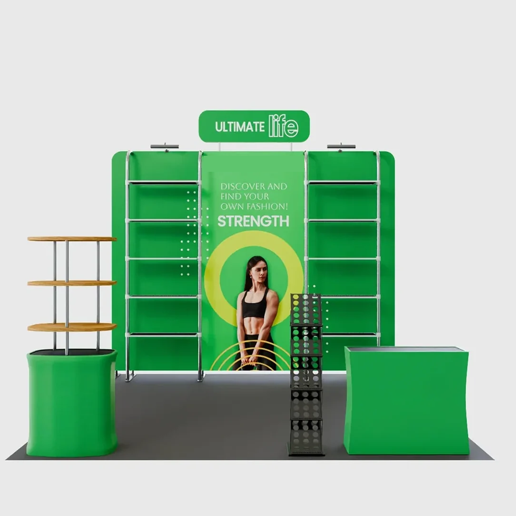 3x3m Booth Kit with Pegboard Shelving, Header & 2 Counters