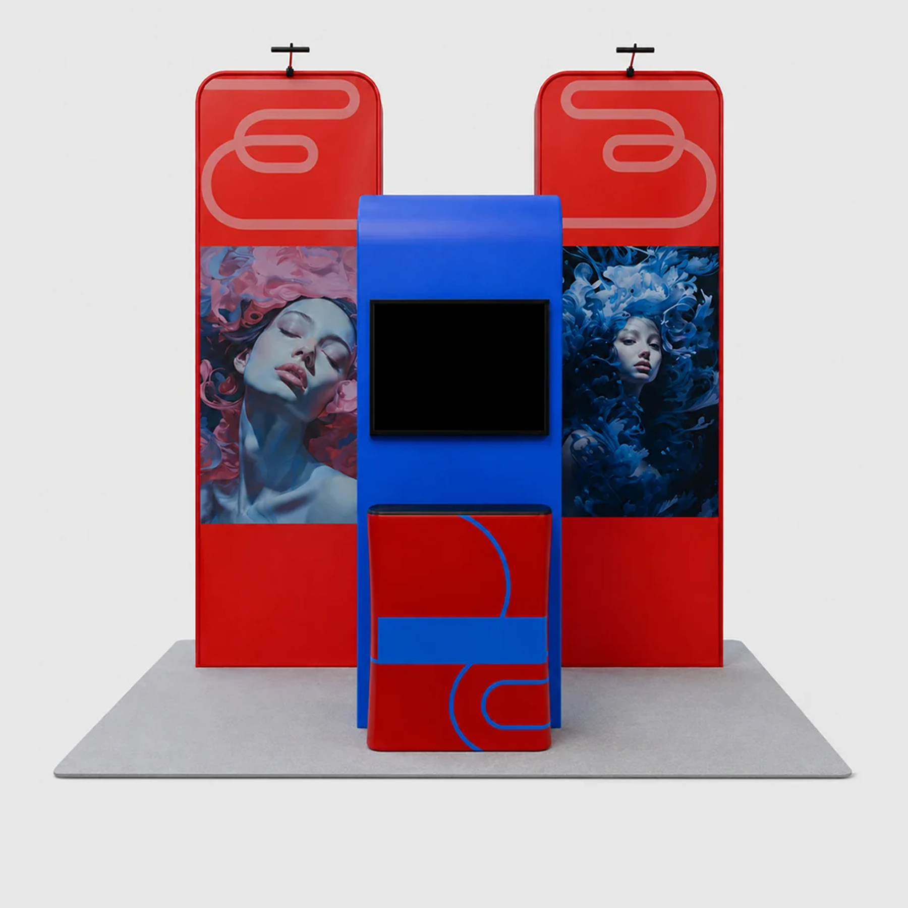 6x3m Booth Kit with 3D Media Walls, Square TV Arch & 2 Counters