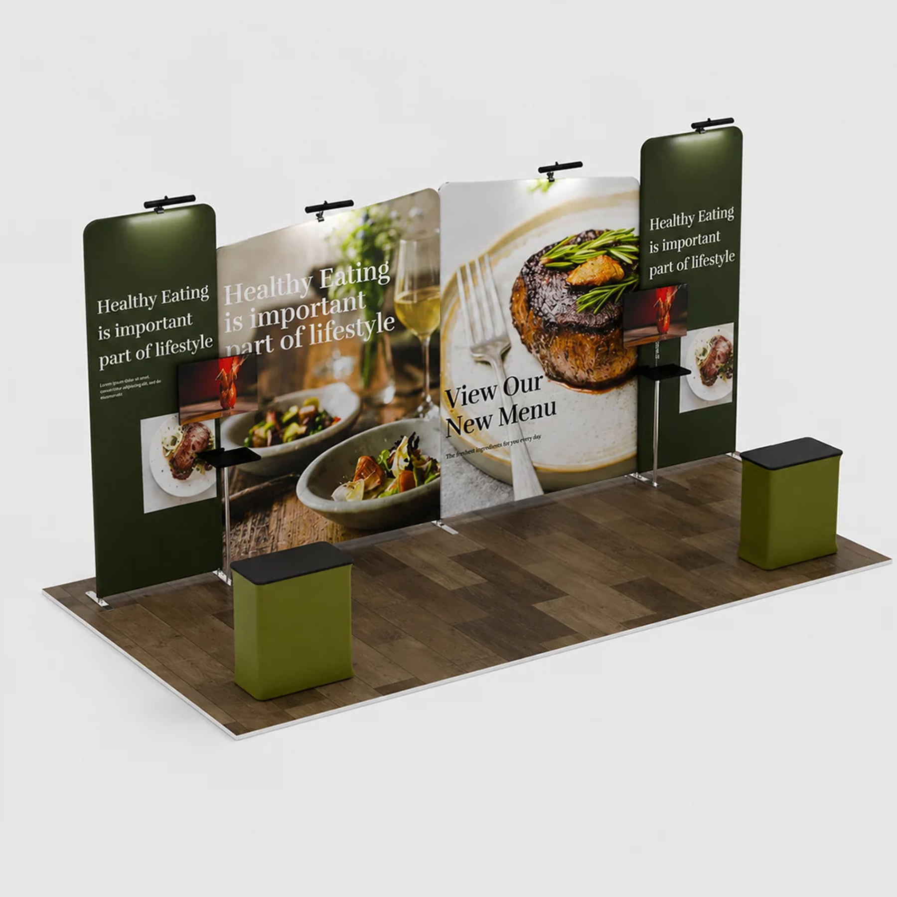 6x3m Booth Kit with Inclined Walls, 2 Counters & TV Mounts