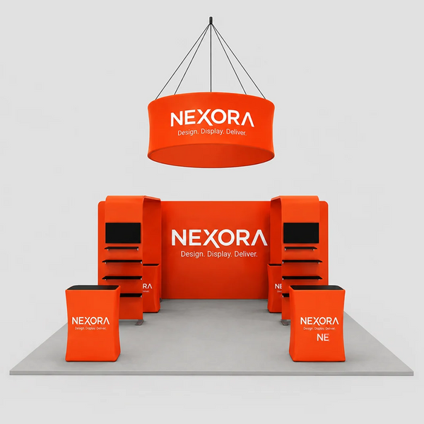6x6m Booth Kit with 6m 3D Backdrop, TV Shelving & 4 Counters
