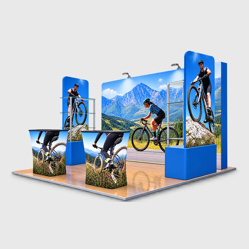 3x3m 3D Media Wall Booth Kit with Acrylic Shelves & 4 Counters