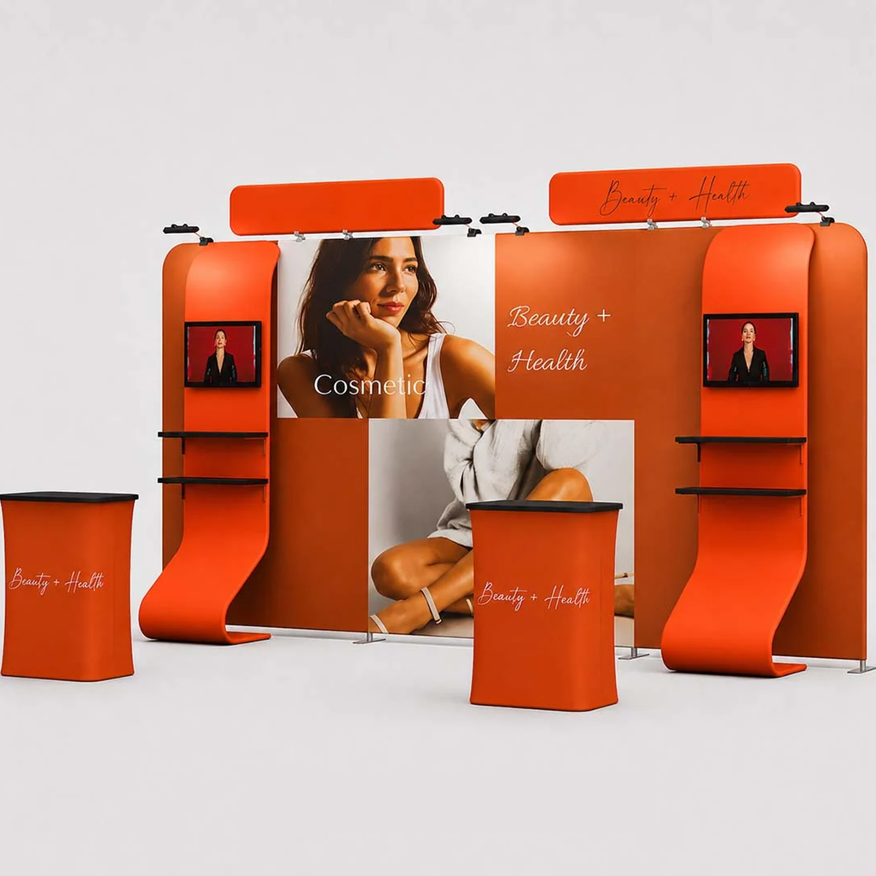 3x6m Booth Kit with 4.9m Backwall, Curved TV Wall & 2 Counters