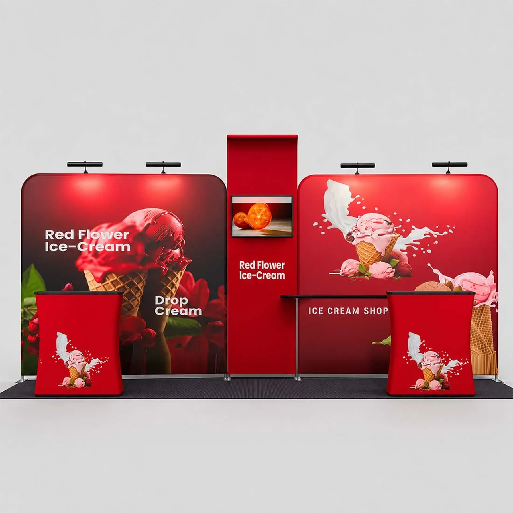 3x6m Booth Kit with 6m Backwall, Waterfall TV Shelves & Counters