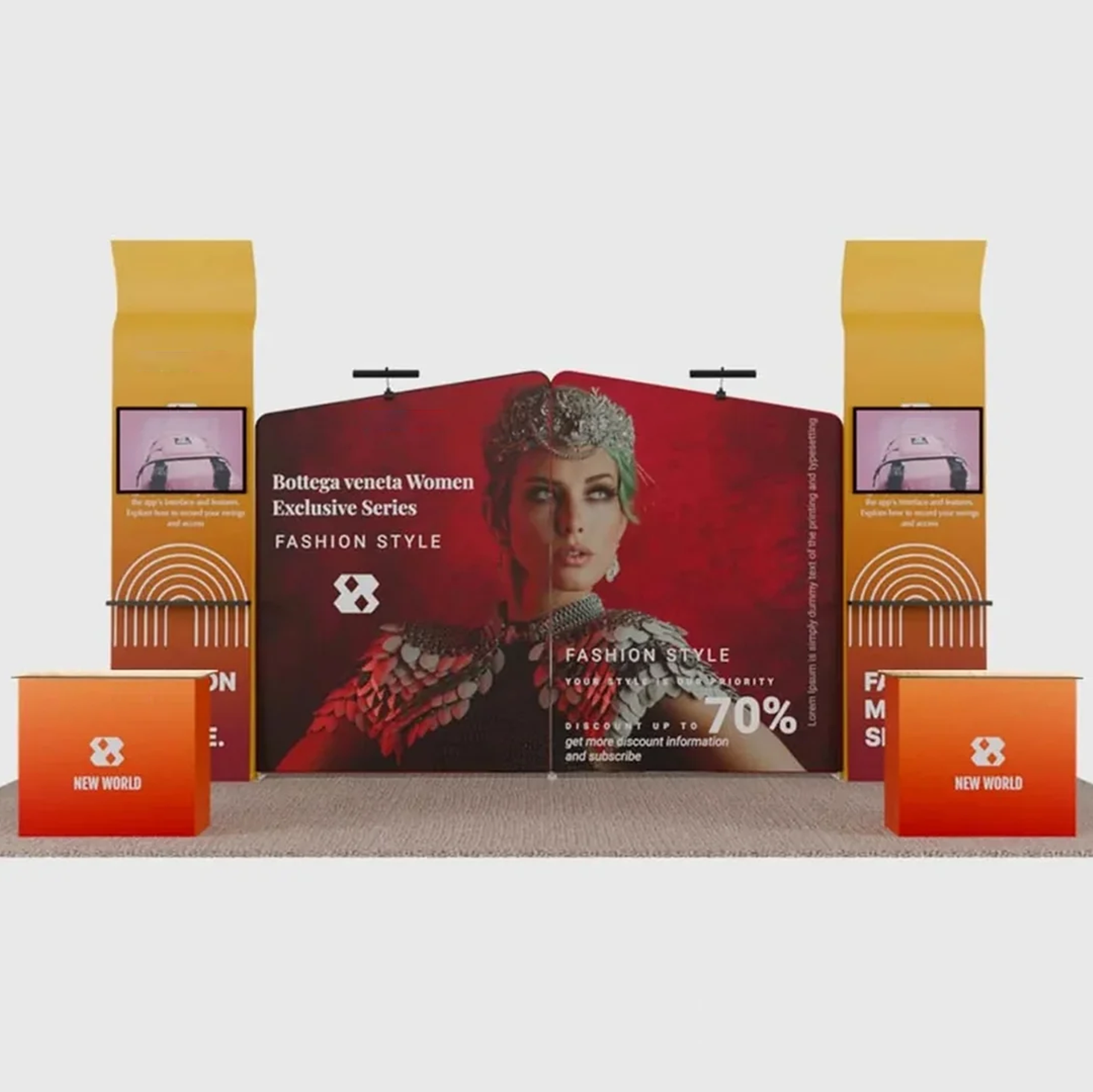 6x3m Booth Kit with Inclined Walls, 3D Shelf Stands & TV Mounts