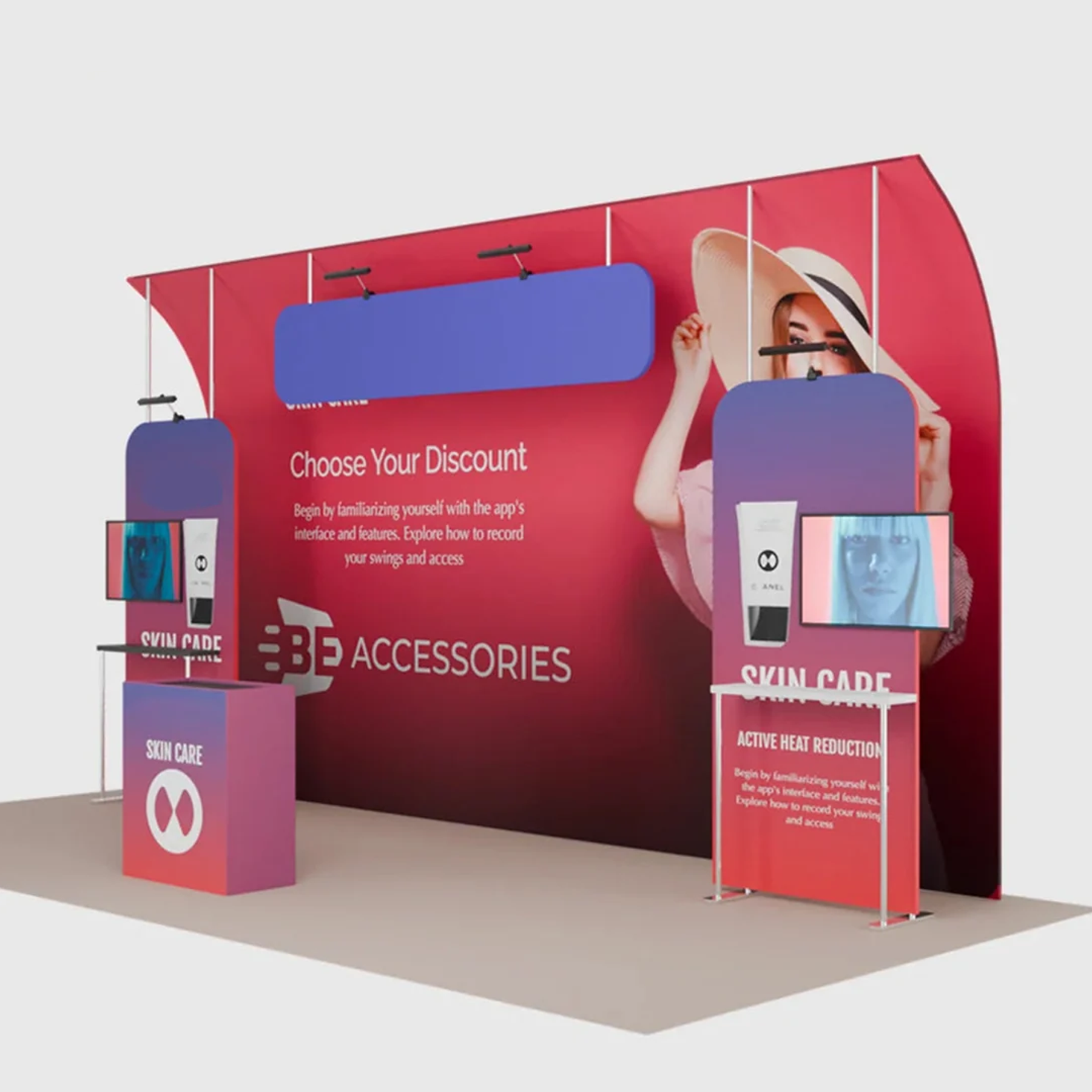6x3m Booth Kit with Curved Towers, Shelving & Hanging Sign