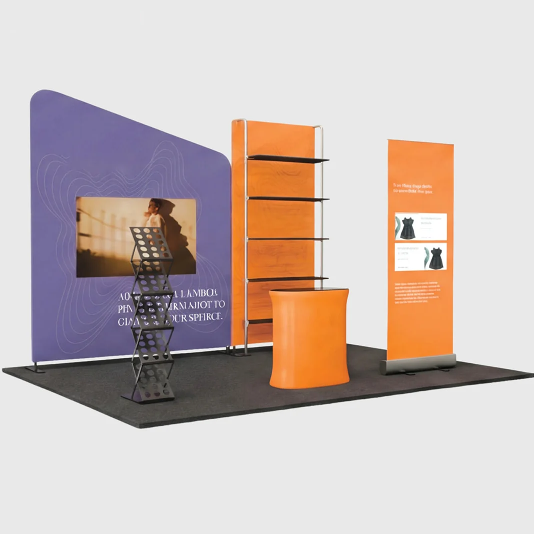 3x3m Booth Kit with Inclined Wall, Pegboard Shelving & Roll-Up