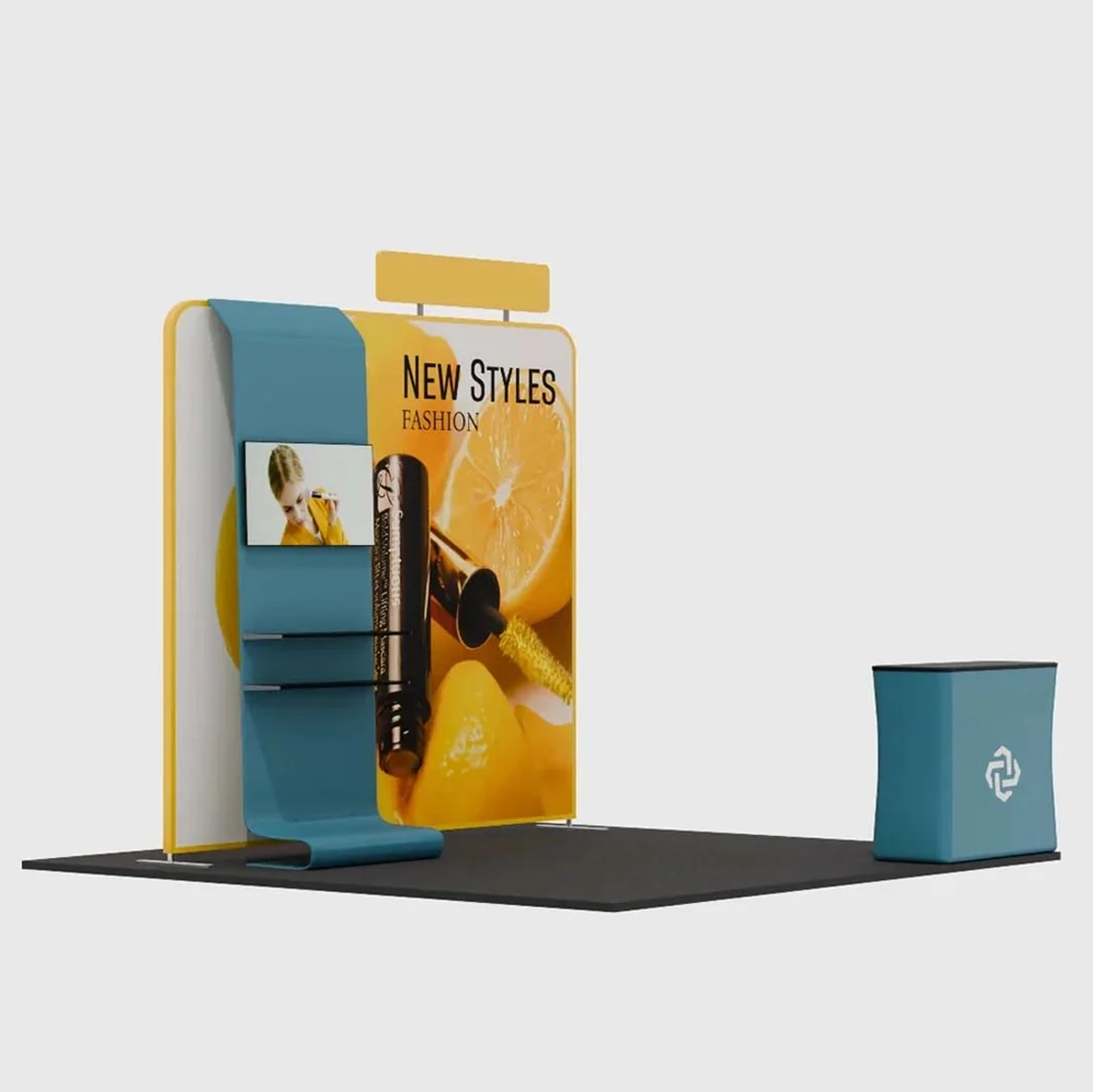 3x3m Booth Kit with Straight Wall, Waterfall TV Shelf & Counter