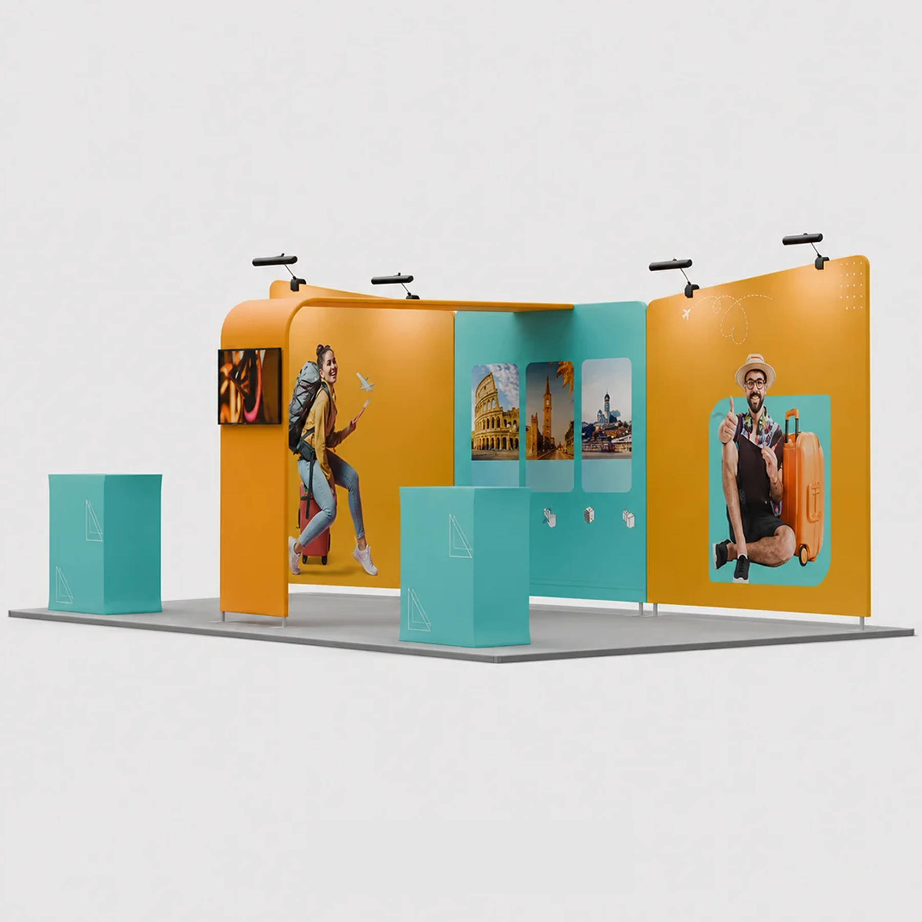 6x3m Booth Kit with Inclined Walls, L-Arch TV Mount & 2 Counters