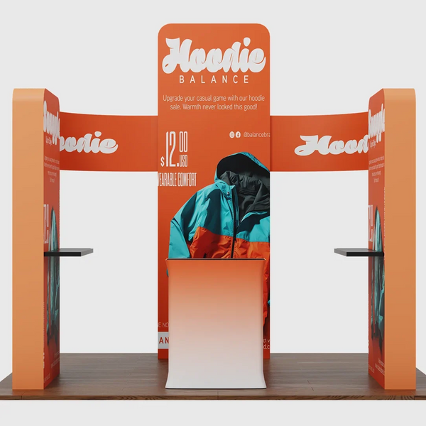 6x6m Booth Kit with 3D Wall Boxes, Curved Panels & Counter