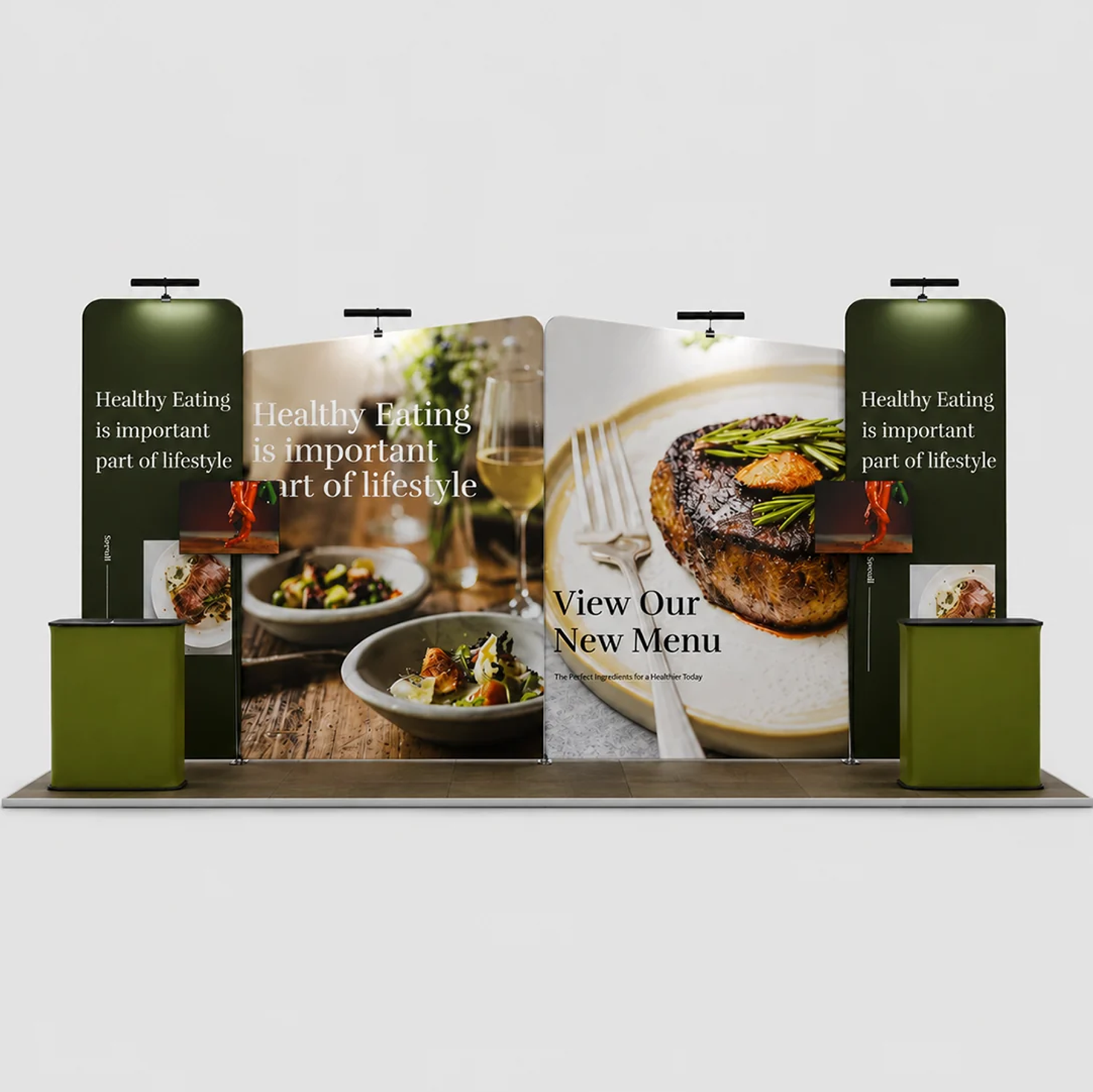 6x3m Booth Kit with Inclined Walls, 2 Counters & TV Mounts