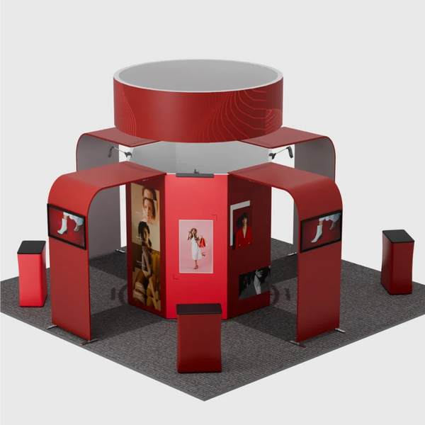 6x6m Island Booth with Circular Banner, TV Arches & 4 Counters