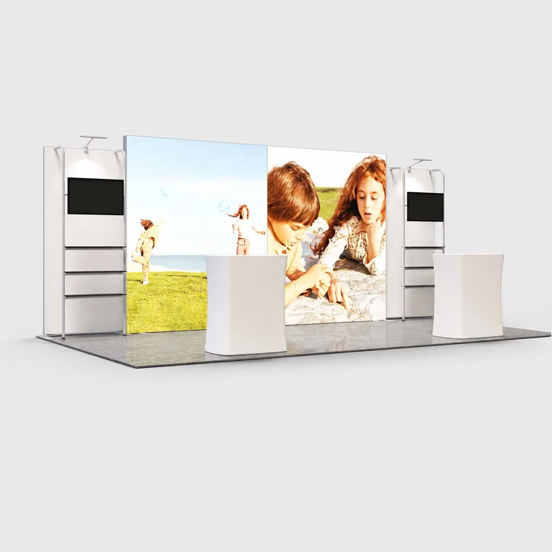 3x6m Backlit SEG Booth Kit with 4m Lightbox & TV Shelf Stands