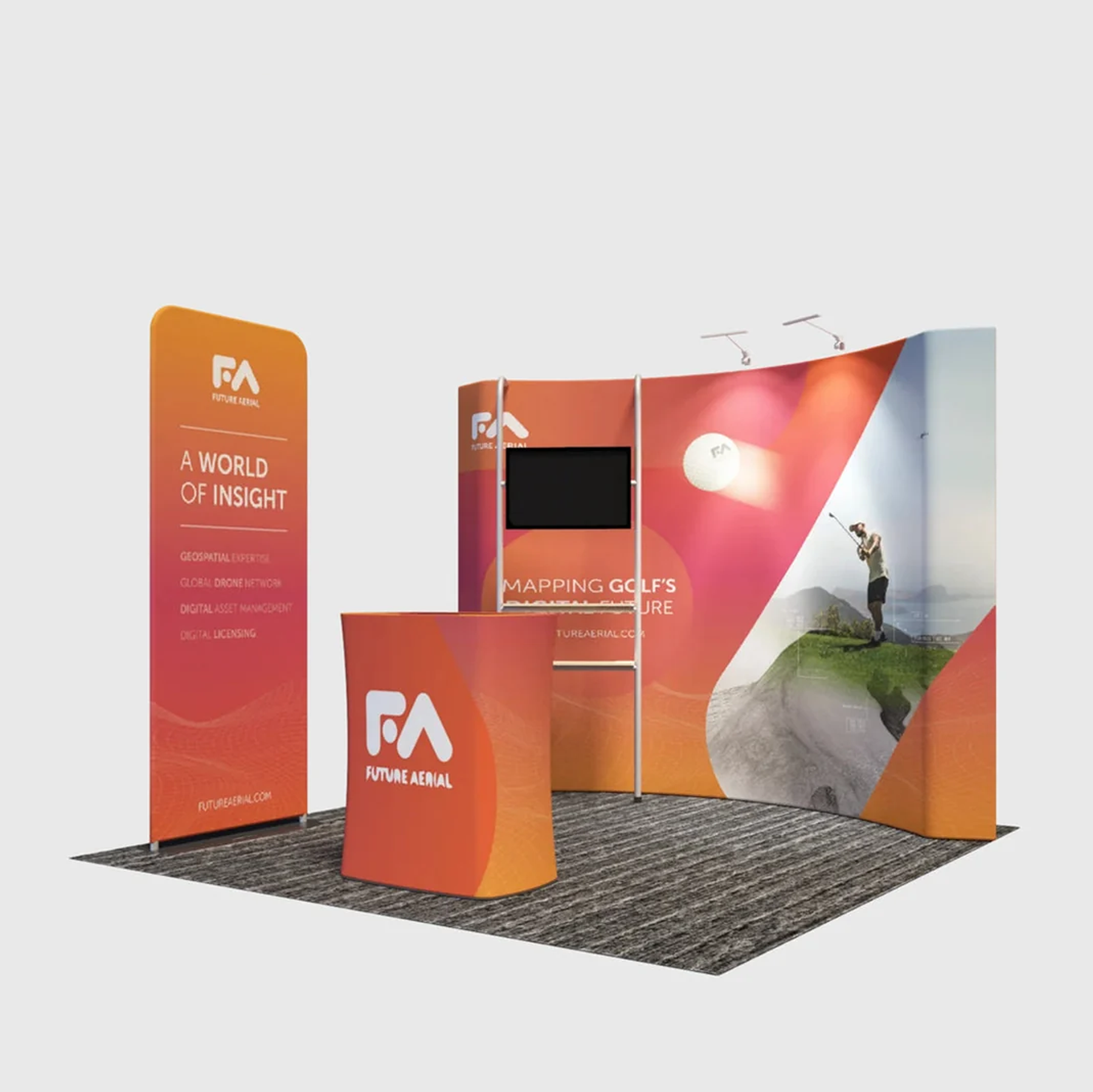 3x3m Booth Kit with Curved Wall, TV Shelf Tower & Banner