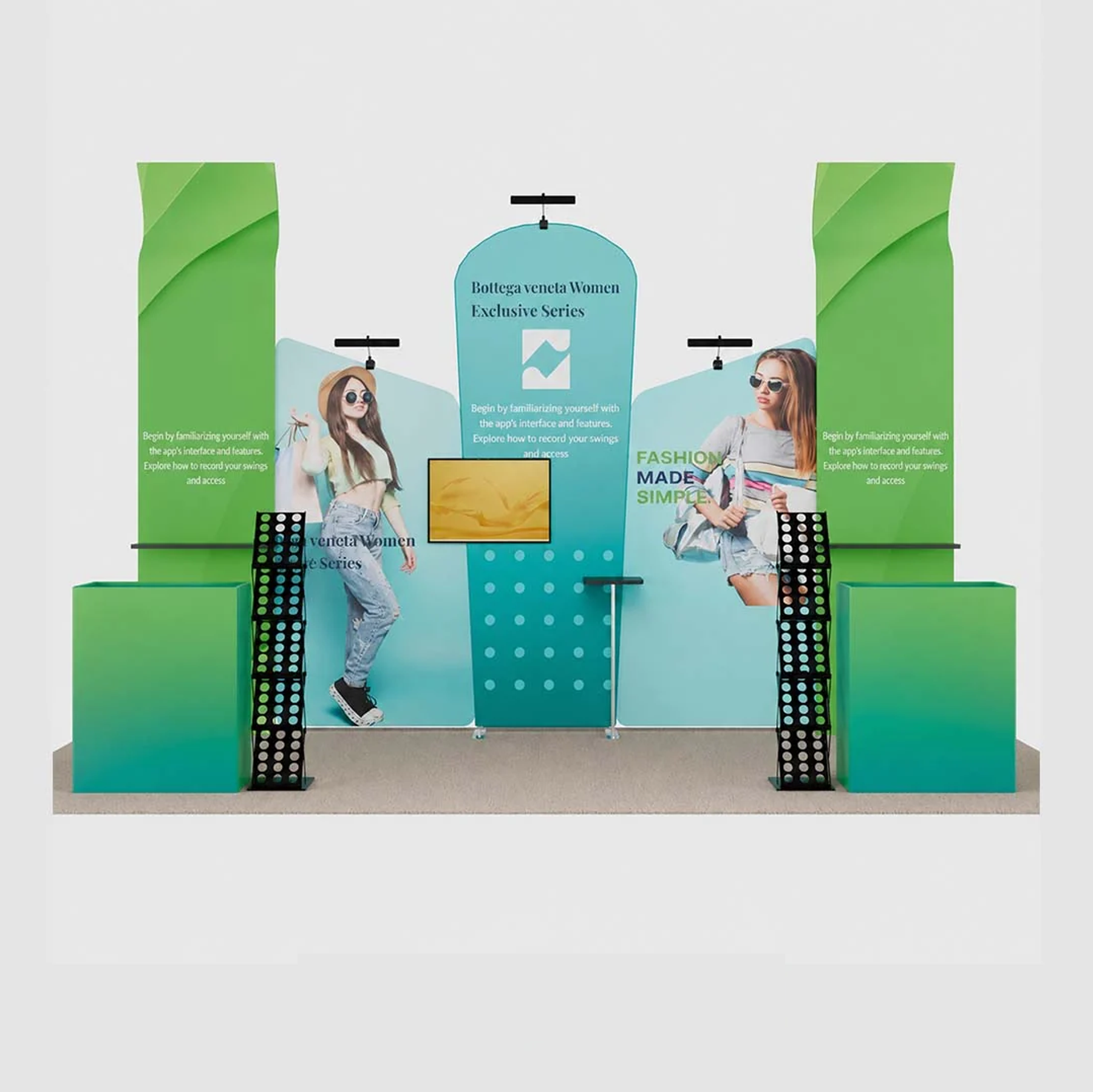 3x6m Booth Kit with Inclined Walls, 3D Shelf Stands & 2 Counters