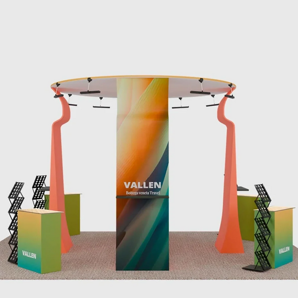 6x6m Island Booth with Round Overhead Ring & Shelf Towers