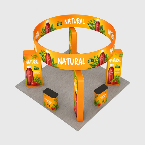 6x6m Island Booth with 3D Media Walls & 3 Counters