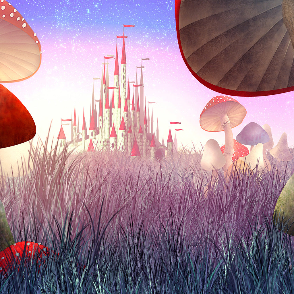 Fantastic Landscape with Mushrooms and Fog Fairy Tale Alice in Wonderland Backdrop