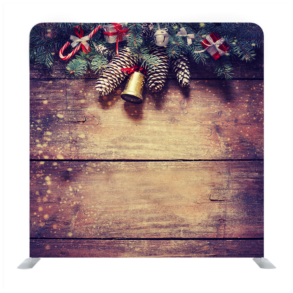 Christmas fir tree with decoration on dark wooden board Backdrop