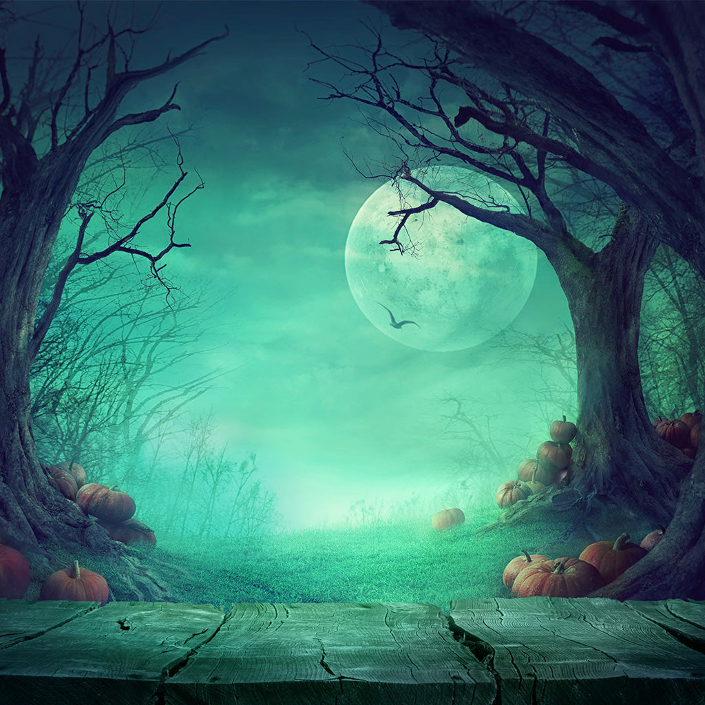 Spooky Forest with Dead Trees & Pumpkins Grungy White Concrete Wall Background