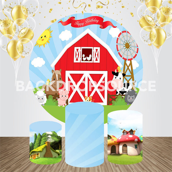 Cartoon Farm With Animals Themed Birthday Event Party Round Backdrop Kit